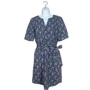 Talbots Poplin Belted Shirt Dress Short Sleeve Scalloped Floral Multi Size Large